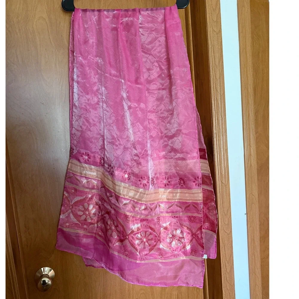 Vintage 100% Cambodian Silk Scarf Shawl Wrap Hand Rolled Edge 77x22 Magenta Pink